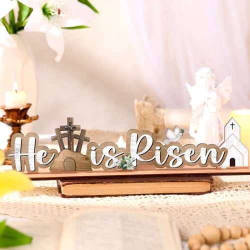 Vercraft Easter Decorations He Is Risen Wooden Sign Religious Table Centerpiece Christian Farmhouse Tabletop Sign for Tiered Tray Decor Fireplace Mantel Room Birthday Spring, 2.2 x 9.7 Inch(Classic)