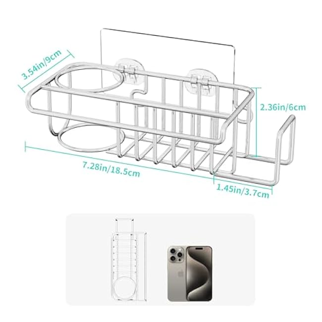 HapiRm 4 in 1 Sink Caddy Sponge Holder, SUS304 Stainless Steel Kitchen Brush Holder + Dish Cloth Hanger + Soap Rack + Sink Stopper Rack + Sponge Caddy for Kitchen - Silver