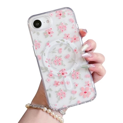 QLTYPRI Magnetic for iPhone 17e / iPhone 16e Case Compatible with Magsafe Cute Floral Flower Aesthetic Phone Case Slim Clear Anti-Yellowing Shockproof Phone Cover for Girls Women - Pink
