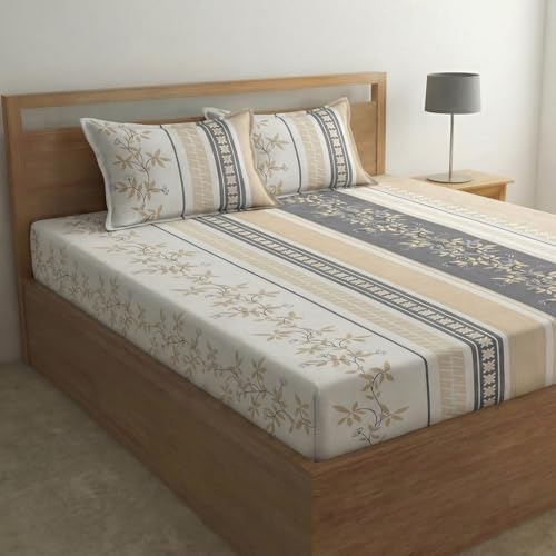 Image of Home Sizzler Microfibre Floral Striped Print All-Around Elastic Fitted Double Bedsheet (72 x 78 Inches) with 2 Pillow Covers - Beige & Grey