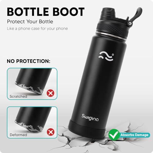 Image of Swigina Insulated Water Bottle with Silicone Boot (36hrs Cold /18hrs Hot) - DIY Stickers, Leakproof, BPA Free, Black, 24 oz [2-IN-1 LID]