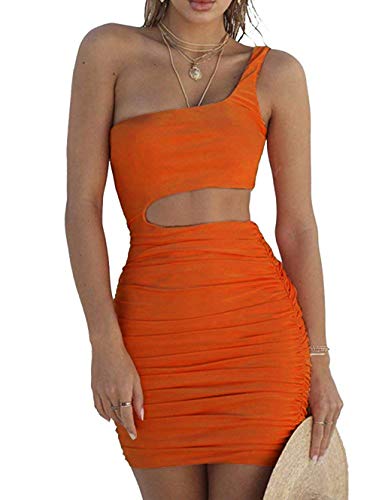 PRIMODA Women s Sexy One Shoulder Sleeveless Cutout Ruched Club Dress Bodycon Mini Dress(Orange,XS)