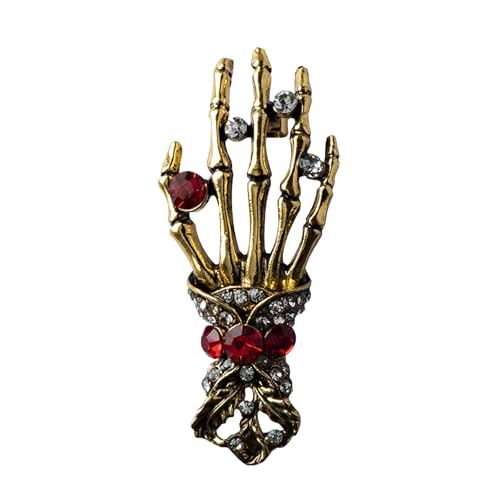 Image of Gothic Halloween Skull Hand Brooch Pin for Women Men Punk Vintage Crystal Skeleton Tassel Chain Lapel Pins Dark Skull Brooches Sweater Suit Accessory