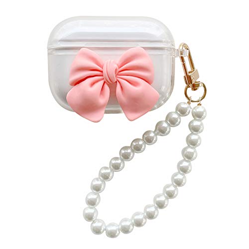 SGVAHY Clear Case Compatible with AirPods Pro?Beautiful Cute Colorful Bow Design with Luxury Pearl Wristband Ultra-Thin PC Shockproof Protective Case (Pink, AirPods Pro)
