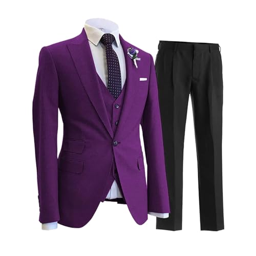 Men 3 Pieces Jacket Pant VestOne Button Tuxedo Lapel Formal Business Suit Purple