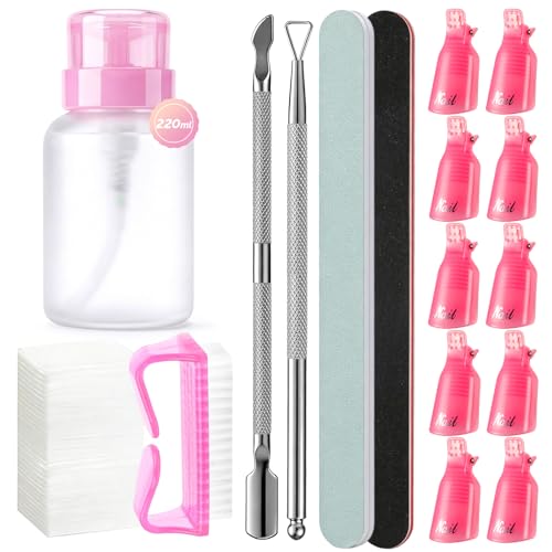 Image of MelodySusie 8PCS Nail Polish Gel Remover Tools Kit with Nail Clips Bottle | 220ml Nail Polish Remover Bottle 100PCS Nail Remover Cotton Pad Nail Brush Cuticle Pusher /Peeler Nail File Buffer Block