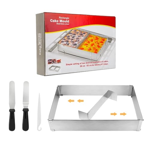 GYSRXS Molded Rectangular Ajustable Molde de Acero Inoxidable Cuadrado con Separadores Y Espátula para Tartas Pizzas Hornear Y Decorar,Tamaño Ajustable 18-33×28-53CM(Plata)