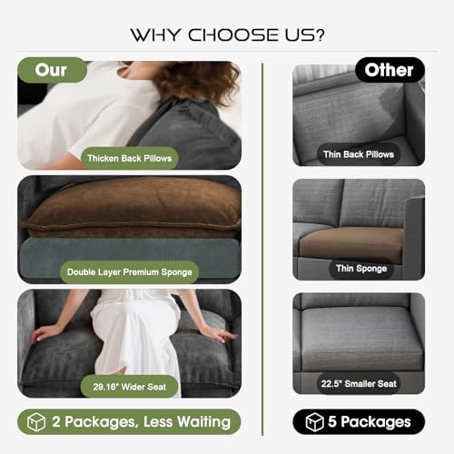 Image of 97 inch L Shaped Sectional Couch, Comfy Chenille Cloud Couch, 5 Seat Modular Cloud Sofa with 2 Pillows & Storage Armrests, Convertible V Shaped Corner Couch, Sectional Couches for Living Room, Grey
