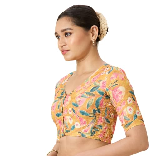 Image of Studio Shringaar Women's Cotton Floral Print Side Stretch (Smocked) Readymade Saree Blouse