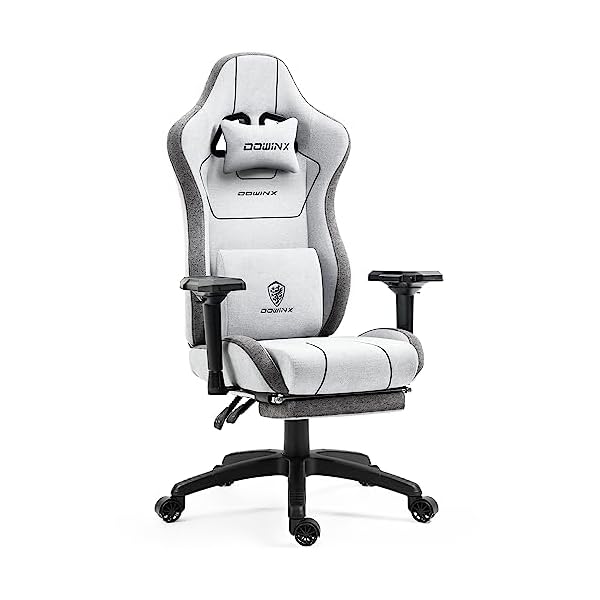 Dowinx Gaming Chair Linen Fabric with Pocket Spring Cushion, Ergonomic Computer Chair with Massage Lumbar Support and Footrest, Comfortable Reclining Game Office Chair 300lbs for Adult and Teen, Grey