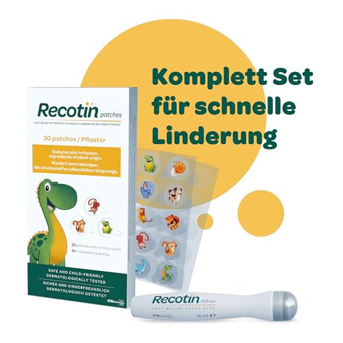 RECOTIN 30x Mückenpflaster + 15ml Roll On Set - 100% natürliche Wirkstoffe - pflegt & kühlt - Insektenstichheiler Set - Urlaub Must Haves - Pflaster gegen Mückenstiche und Bienen