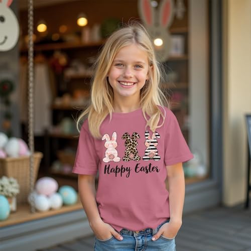 Image of MODNTOGA Girls Happy Easter Shirt Big Kids Easter Outfit Leopard Bunny Graphic T-Shirt Cute Rabbit Print Short Sleeve Tee Top (Pink, 8-9 Years)