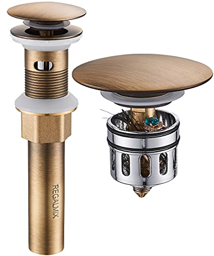 REGALMIX Antique Brass Pop Up Bathroom Vessel Sink Drain Stopper,Built-In Anti-Clogging Strainer, Fits Standard American Drain Hole(1-1/2" to 1-3/4"), with Overflow RWF083R