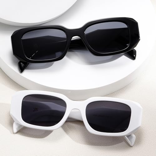 kimorn Rectangle Sunglasses for Women Men Trendy Retro Trendy Sun Glasses 90’s Vintage Square Frame K1307 (Black+White Frame Grey Lens)3