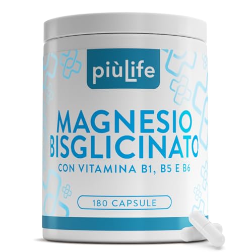 Magnesio Bisglicinato Capsule PiùLife, 300mg Con Vitamina B6, B1, B5, Organico – come Integratore Magnesio Glicinato ad Alta Biodisponibilità – Muscoli, Ossa, Sistema Nervoso, Stress e Stanchezza