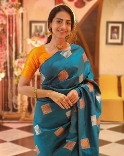 Image of Flosive Women's Kanjivaram Pure Zari Woven Soft Silk Saree With Blouse Piece And Gold Zari Boder (RAMA)