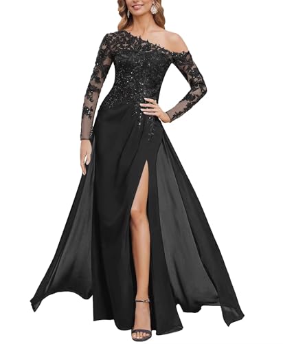 GDJDIFK Mother of The Bride Dresses for Women - One Shoulder Long Sleeve Lace Chiffon High Slit
