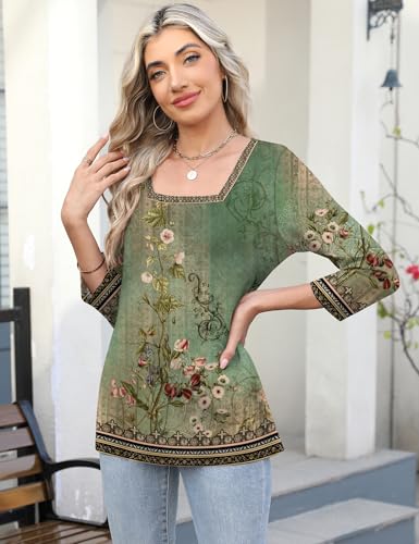 LOMON Women's 3/4 Sleeve Shirts Square Neck Summer Tops Dressy Casual Basic Tees Ladies T Shirts Blouses2