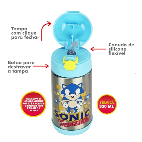 Garrafa Térmica Infantil do Sonic com Canudo Silicone trava de Segurança Azul 350ml