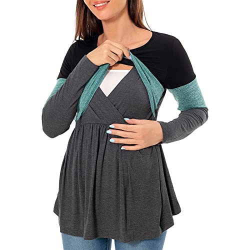 Camiseta de Maternidad de Manga Larga con Cuello Redondo y Bloque de Color para Mujer, Camiseta para amamantar, Ropa de Vestido Lactancia Invierno (Mint Green, L)