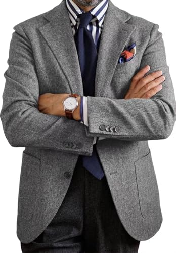 Men's Vintage Herringbone Blazer 2 Button Wool Blend Business Sport Jacket with Pockets4