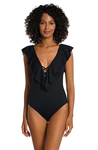 La Blanca Women's One Piece Swimsuit Over The Shoulder Ruffle Sleeve Tummy Control Island Goddess Bathing Suit3