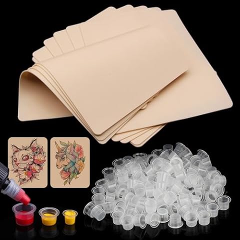 Tattoo Practice Skins with Mixed Ink Cups - Autdor 310Pcs Tattoo Fake Skin and Ink Caps Kit Includes Mixed 300Pcs Pigment Ink Cups #9 Small #13 Medium #16 Large and 10Pcs Tattoo Skin Cover