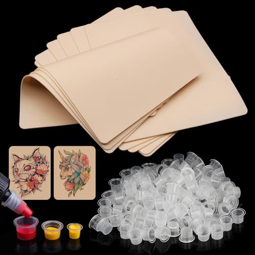 Autdor 310Pcs Tattoo Practice Skins and Ink Caps Kit - Mixed 300Pcs Pigment Ink Cups #9 Small, #13 Medium, #16 Large and 10Pcs Tattoo Skin