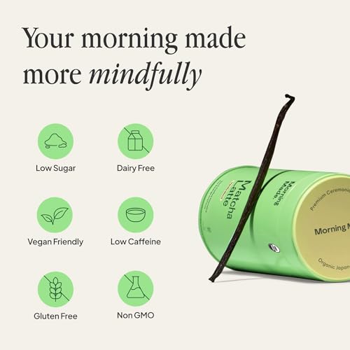 Morning Made Vanilla Flavored Ceremonial Grade Matcha Powder | 10.6oz (300g) Resealable Tin | 60 Servings Premium Japanese Green Tea | Sweetened with Organic Sugar | Rich in Antioxidants & Energy