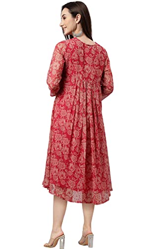 Image of Janasya Women's Chiffon Lurex Floral Printed A-line Kurta