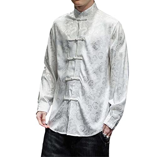 Men's Dragon Pattern Blue Satin Silk Shirt Elegant Tang Suit Hanfu Jacket Silver Plain Collar Shirt