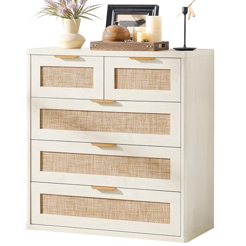 Image of LEYAOYAO White Dresser for Bedroom, 33.5 inch Tall Chest of Drawers, Modern 5 Drawers Boho Rattan Dressers with Storage, Dresser Wooden Closet Organizer for Living Room, Hallway