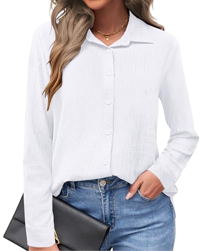 AUSELILY Womens Button Down Shirts Long Sleeve Collared V Neck Button Up Tops Casual Work Business Tunics Blouses White L