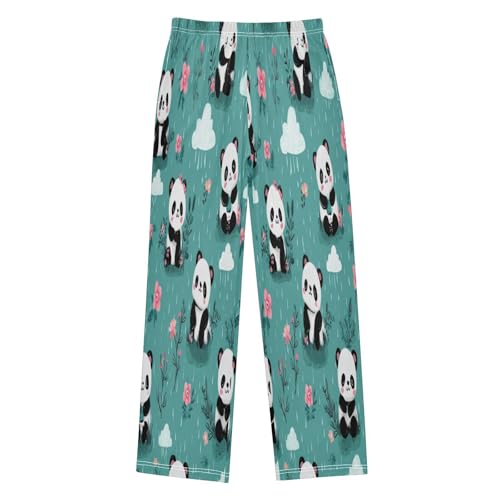 Lovely Panda Flower Pattern Pajama Lounge Pants with Pockets Sleepwear Soft Elastic Waist PJ Bottoms 6-14 Years
