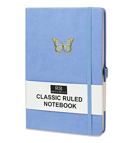 RICCO BELLO College Ruled Hardcover Lined Lay Flat Journal Notebook - Vegan Leather, Elastic Closure, Pen Loop, Bookmark, Inner Pocket, 192 Lined Pages, 5.7 x 8.4 inches (Butterfly)