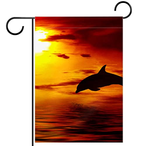 Papel pintado con diseño de atardecer del océano con delfines, bandera vertical de jardín de doble cara, decoración para exteriores