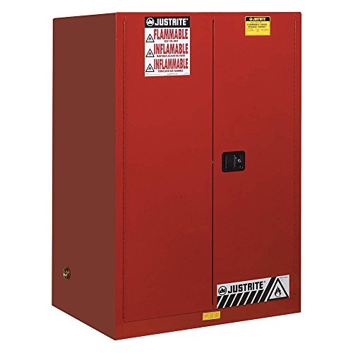 Justrite 899021 Sure-Grip EX Double Walled Steel 2 Door Self-Close Flammables Safety Cabinet with Level Handle, 90 Gallon Capacity, 43" Width x 65" Height x 34" Depth, 2 Shelves, Red