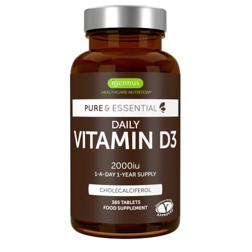 Vitamina D3 2000 UI Diaria, Colecalciferol Vegetariano, Suministro para 1 Año, 365 pequeños comprimidos, de Igennus