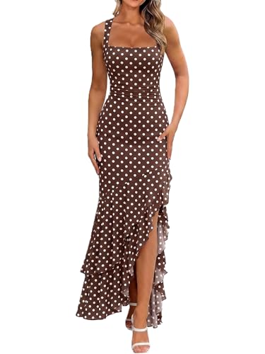 BORIFLORS Womens Bodycon Ruched Polka Dot Maxi Dress Mesh Mermaid Ruffle Beach Wedding Guest Long Cocktail Dresses Small Dot Brown