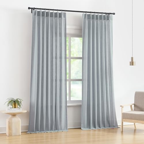 Image of Vision Home Blue Fog Pinch Pleated Semi Sheer Curtains Textured Linen Blended Light Filtering Window Curtains 84 inch for Living Room Bedroom Pinch Pleat Drapes with Hooks 2 Panels 40 inch Wx84 L