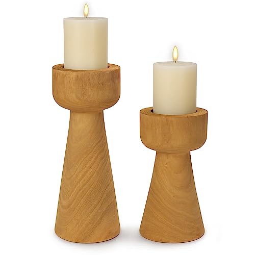Athaliah Wood Candle Holders, Rustic Wooden Candlestick Holders Pillar Set Of 2, Hand Carved Farmhouse Boho Candle Holder Decor For Mantel For Living Room Or Table Centerpiece #TOP1