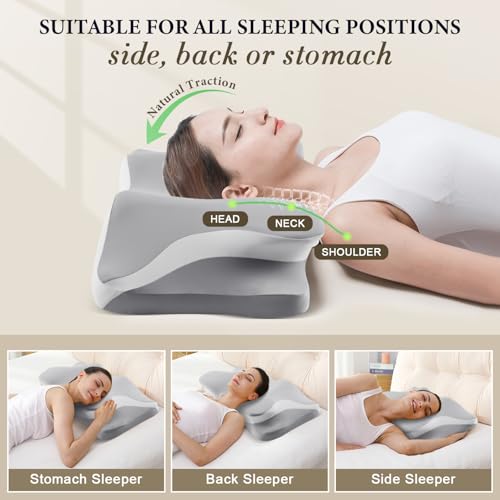 Cervical Neck Pillow for Pain Relief, Cooling Ergonomic Memory Foam Pillows for Sleeping, Contour Neck Support Pillow for Side Back Stomach Sleepers-Queen Size-Grey - image 3