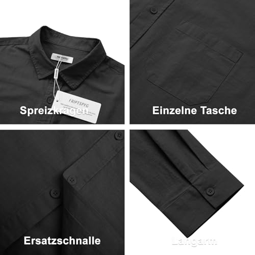 Friptspyg Leinenhemd Herren Langarm Baumwolle Leinen Hemd Herren Freizeithemden Casual Regular Fit Sommerhemd mit Tasche, Schwarz M 4