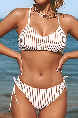 CUPSHE Damen Bikini Set mit Geflochtenen Trägern Streifen Bademode Reversible Bikinihose Zweiteiliger Badeanzug Braun M-4