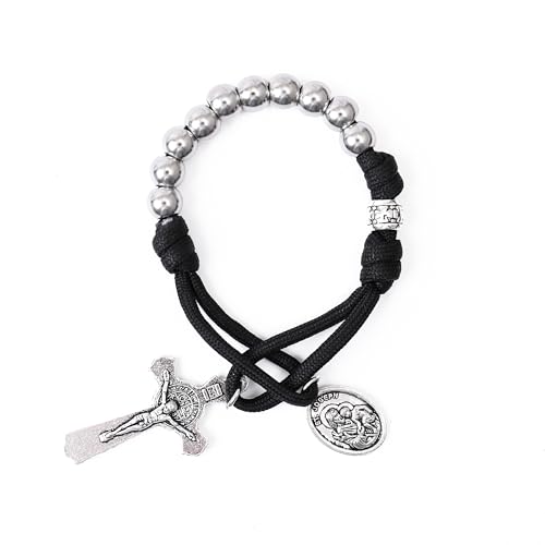 Nazareth Store Strong Military One Decade Paracord Rosary Silver Beads Pocket Car Rosary Pray For Us St. Joseph Medal & St. Benedict Cross
