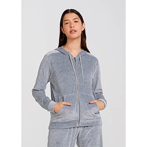 Jaqueta Básica Feminina Em Plush Com Capuz E Bolso Frontal Cinza Claro M