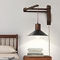 Wood Plug in Wall Sconces, Swing Arm Wall Lamp with Dimmable On Off Switch, Vintage Wall Mounted Light Fixture with Cord for Bedroom Nightstand Bedside Reading Lamp - Bulb Included