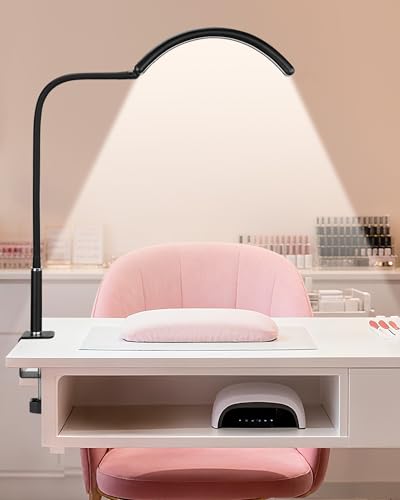 ZEKAHOV Lámpara de escritorio LED profesional de media luna para técnicos y artistas de uñas, lámpara flexible de cuello de cisne con abrazadera, 3 modos de color y 5 niveles de brillo para manicura