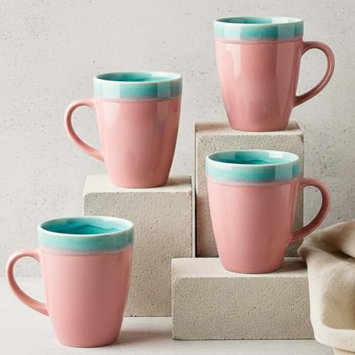 Image of The Earth Store Pink Flow Coffee Mug - 340ML Ceramic Coffee Mugs Set of 4 | Microwave & Dishwasher Safe Mugs for Gift | Home | Office | Restaurant | Daily Use Tea Mug