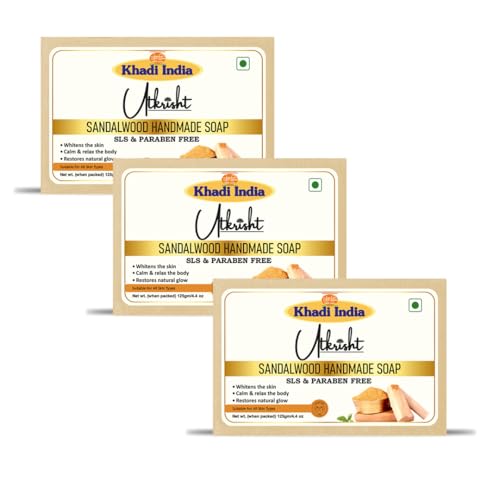 Image of Utkrisht Khadi Sandalwood Herbal Bath Soap | Handmade with Natural Ingredients | Nourishing, Aromatic & Skin Brightening | Paraben-Free | For Men, Women & Sensitive Skin (Pack of 3) - 125gm